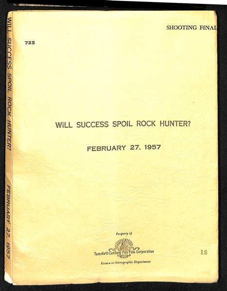 Original Movie Screenplay of Will Success Spoil Rock Hunter? from the Estate of Jerry Lewis (Dated February 27, 1957)