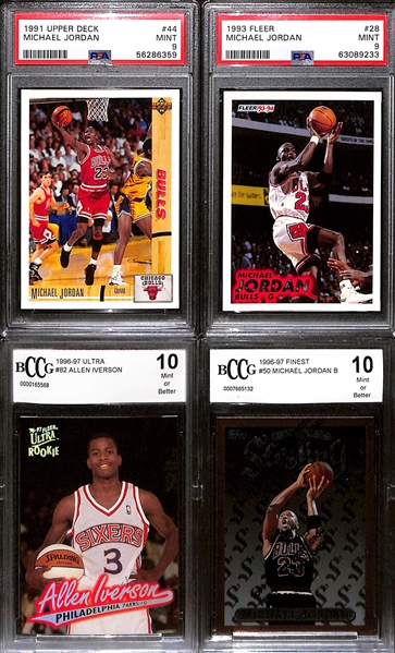 (4) Basketball Graded Cards - Iverson Rookie (BCCG 10) & (3) Michael Jordan Cards (2 Graded PSA 9 and (1) BCCG 10)