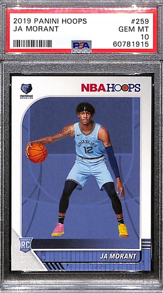 (5) Ja Morant 2019 Graded Rookie Cards (Prizm PSA 10, Donruss PSA 10, Hoops PSA 10, Donruss PSA 9, Mosaic PSA 9)