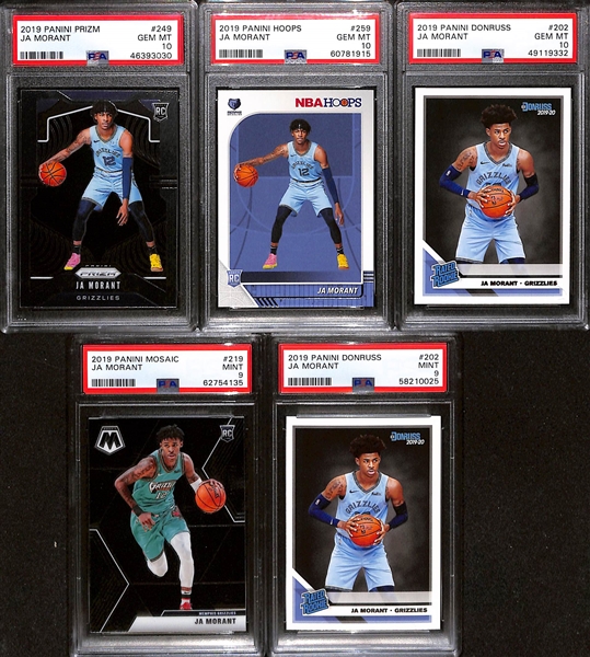 (5) Ja Morant 2019 Graded Rookie Cards (Prizm PSA 10, Donruss PSA 10, Hoops PSA 10, Donruss PSA 9, Mosaic PSA 9)