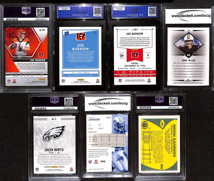 (7) Graded Football Rookie Cards - (3) Joe Burrow, Deion Sanders (Topps PSA 10), Calvin Johnson, Josh Allen, Jalen Hurts)