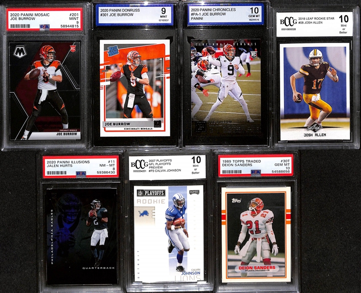 (7) Graded Football Rookie Cards - (3) Joe Burrow, Deion Sanders (Topps PSA 10), Calvin Johnson, Josh Allen, Jalen Hurts)