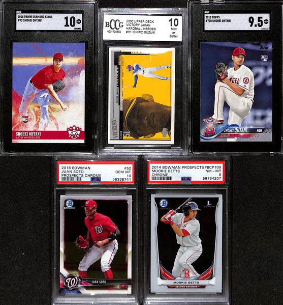 (5) Graded Baseball Rookie Cards - (2) Shohei Ohtani (SGC 10 and 9.5), 2000 UD Victory Ichiro, 2018 Bowman Chrome Juan Soto (PSA 10), 2014 Bowman Chrome Mookie Betts (PSA 9)