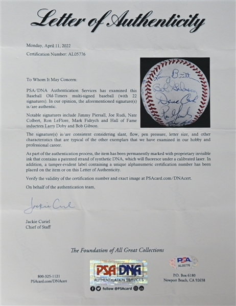 Signed Baseball Lot - Baseball w. 10 Autographs (Inc. PSA/DNA Letter w. Bob Gibson, Larry Doby, Ron Guidry, +) & Richard Goose Gossage Baseball (w. 4 Inscriptions and JSA COA)