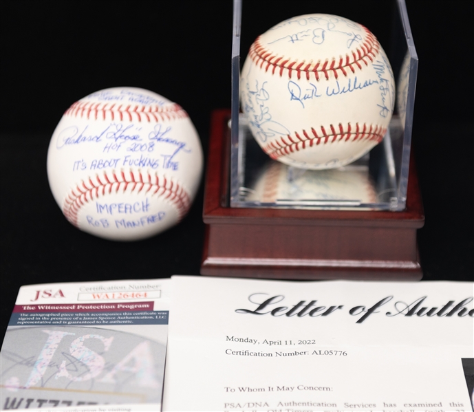 Signed Baseball Lot - Baseball w. 10 Autographs (Inc. PSA/DNA Letter w. Bob Gibson, Larry Doby, Ron Guidry, +) & Richard Goose Gossage Baseball (w. 4 Inscriptions and JSA COA)