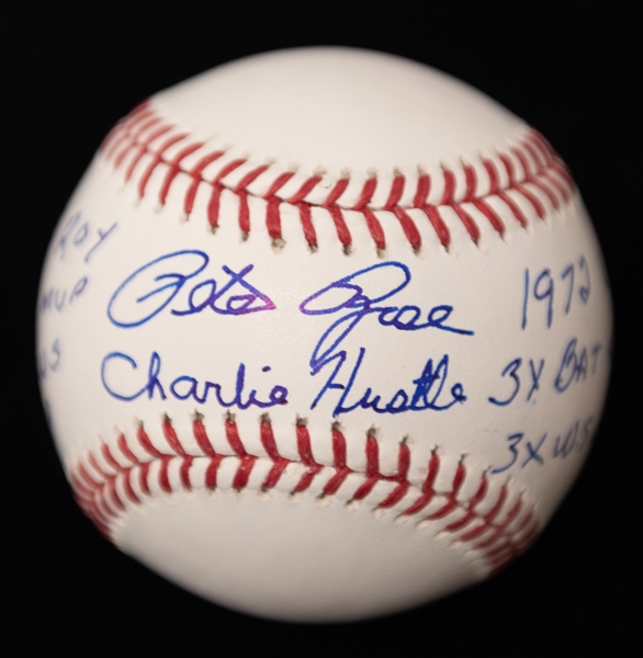 Pete Rose Signed Official MLB Baseball w. (8) Different Inscriptions! (Pete Rose Sticker & JSA COA)