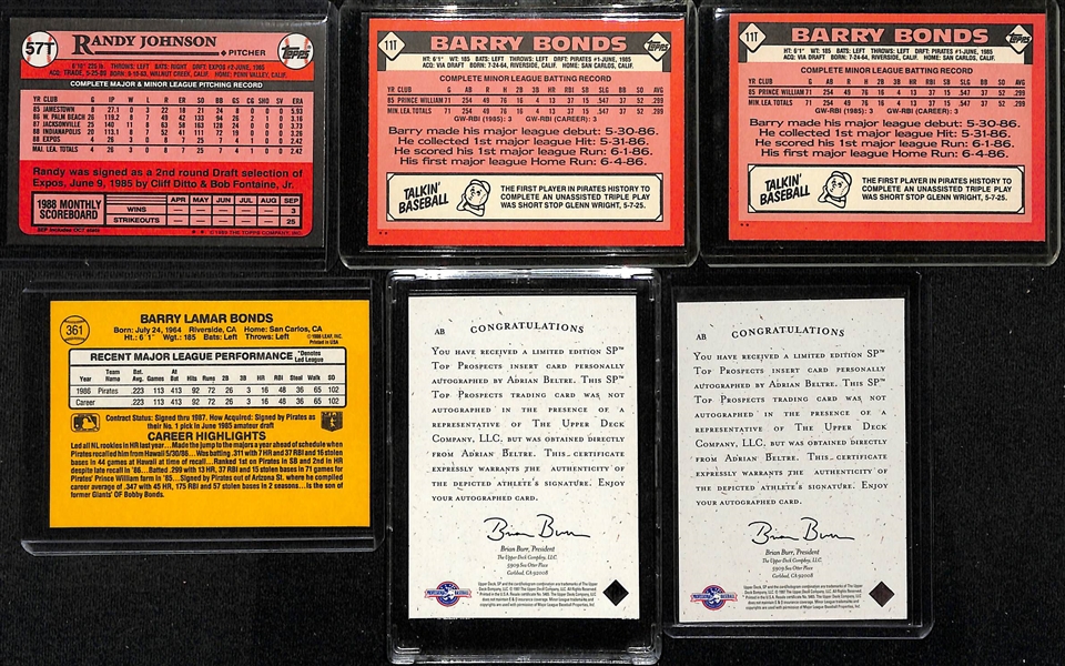 Lot of (21) Baseballs Rookies w. Randy Johnson, (3) Barry Bonds, (2) 1997 UD SP Adrian Beltre Autographs, and More