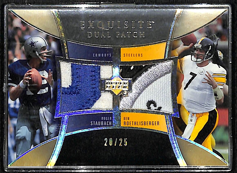 2005 Exquisite Dual Game Used Patch Roger Staubach and Ben Roethlisberger #d 20/25