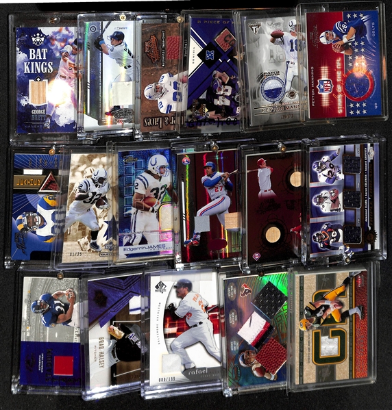 Lot of (17) Football and Baseball Relic Cards w. Peyton Manning,  Randy Moss, Emmitt Smith, Ichiro, George Brett and Others