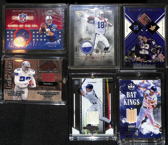 Lot of (17) Football and Baseball Relic Cards w. Peyton Manning,  Randy Moss, Emmitt Smith, Ichiro, George Brett and Others