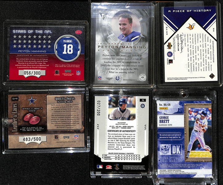 Lot of (17) Football and Baseball Relic Cards w. Peyton Manning,  Randy Moss, Emmitt Smith, Ichiro, George Brett and Others