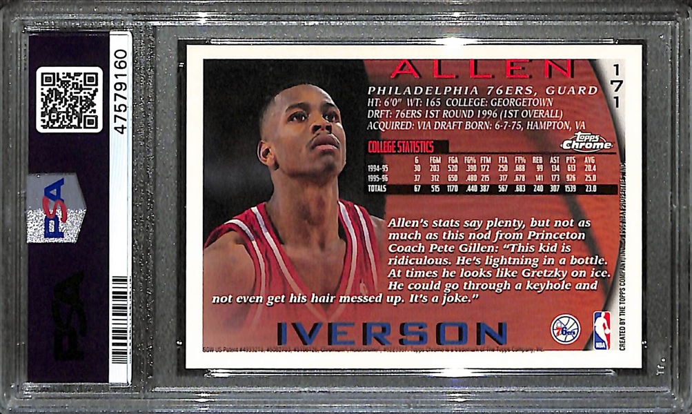 1996-97 Topps Chrome Allen Iverson #171 Rookie Card Graded PSA 8 NM-MT