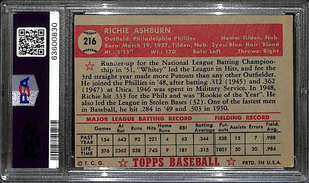 1952 Topps Richie Ashburn #216 Graded PSA 3.5 VG+