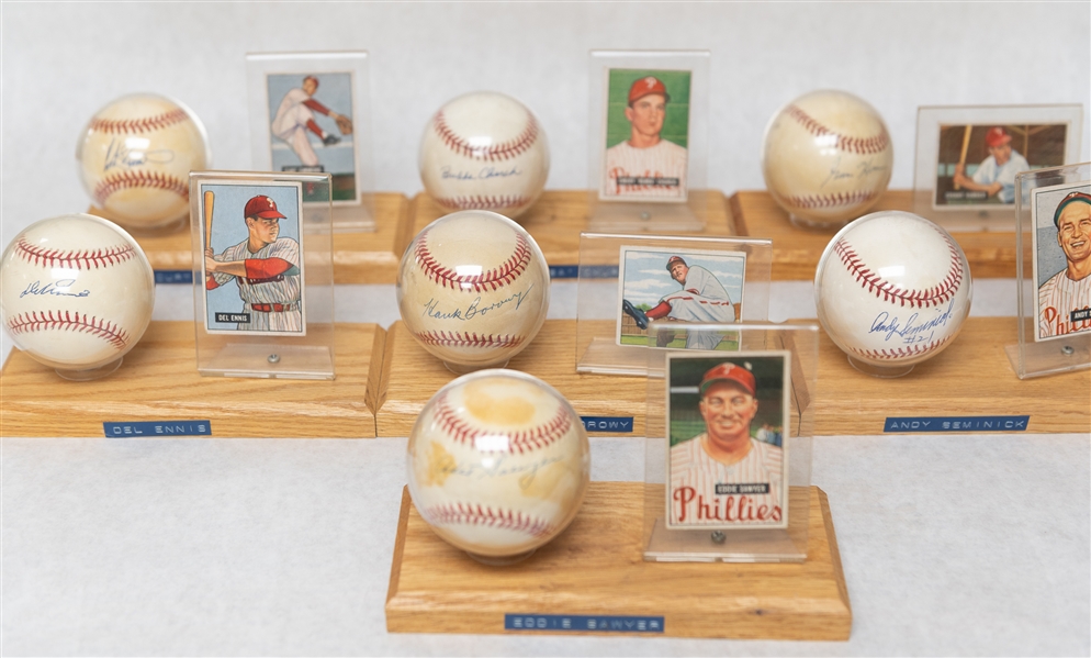 Lot of (7) Philadelphia Phillies Single Signed Baseballs & Baseball Card of Vintage Players w. Curt Simmons, Seminick - JSA Auction Letter