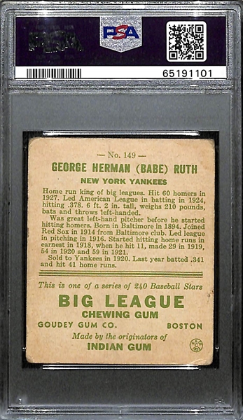 1933 Goudey Babe Ruth #149 Graded PSA 1 (Card Presents Better Than the Grade!)
