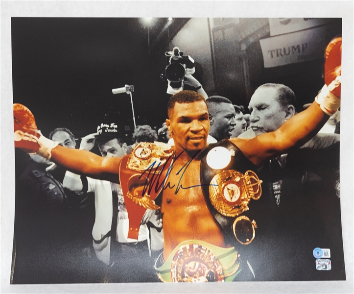 Mike Tyson Signed 16x20 Photo (Dual Championship Belt Photo) - Beckett COA