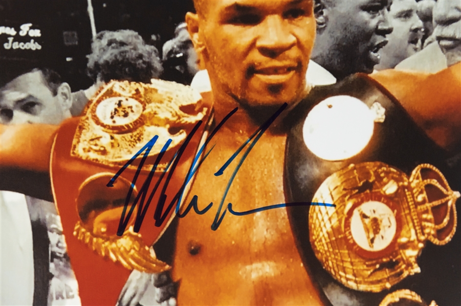 Mike Tyson Signed 16x20 Photo (Dual Championship Belt Photo) - Beckett COA