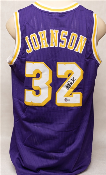 Magic Johnson Signed Los Angeles Lakers Style Jersey (Beckett Witness Sticker)