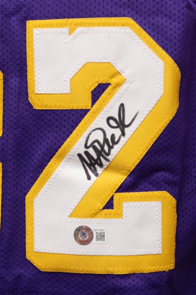 Magic Johnson Signed Los Angeles Lakers Style Jersey (Beckett Witness Sticker)