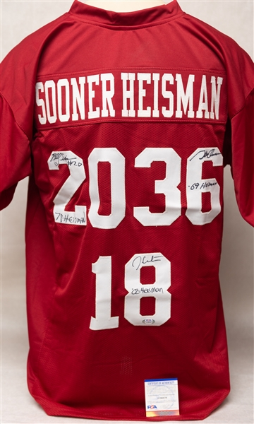 Oklahoma Sooners Heisman Trophy Winner Triple Signed Custom Jersey  (PSA/DNA COA) - Billy Sims, Steve Owens, Jason White