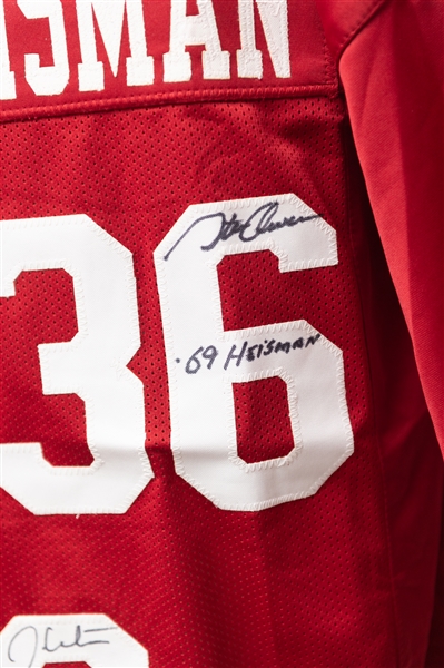 Oklahoma Sooners Heisman Trophy Winner Triple Signed Custom Jersey  (PSA/DNA COA) - Billy Sims, Steve Owens, Jason White