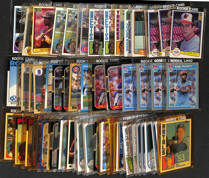 Lot of (63) Baseball Rookie Cards from 1980-1989 w. (3) 1982 Donruss Cal Ripken Jr Rookie Cards