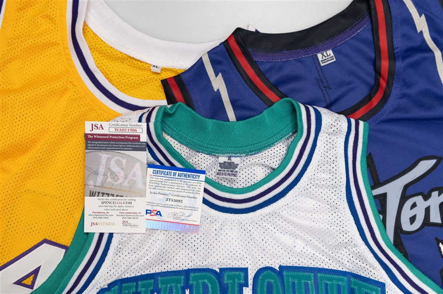 Lot of (3) Autographed NBA Style Jerseys w. Larry Johnson, Glen Rice, and Damon Stoudamire (PSA, Beckett & JSA Certs)