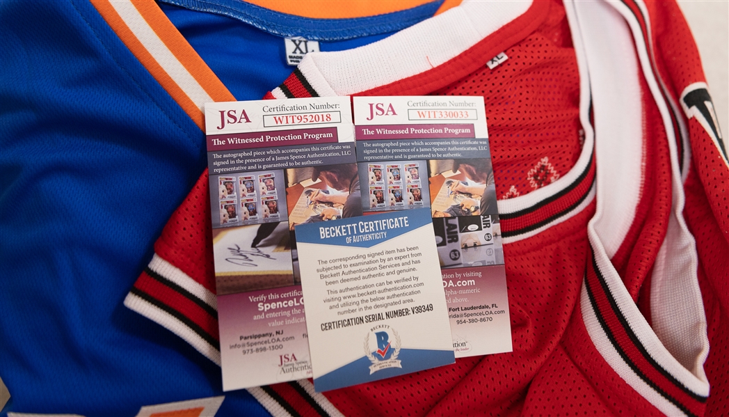 Lot of (3) Mixed Sports Autographed Jerseys w. Dennis Rodman, Joe Dumars, and Howard Johnson (JSA & Beckett Certs)