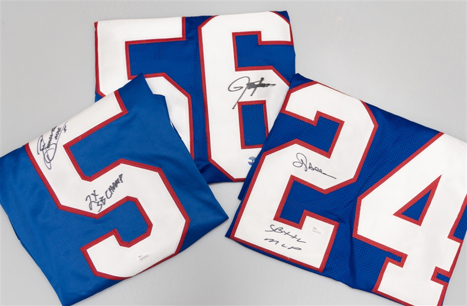 Lot of (3) Autographed New York Giants Greats Jersey Lot w. Lawrence Taylor, Sean Landeta, and Otis Anderston (JSA & Beckett Certs)