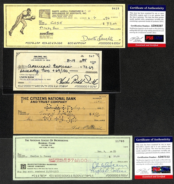 (4) Signed Bank Checks - Dante Lavelli (FB HOF), Bubba Smith (FB HOF), Val Picinich, (MLB 1916-1933), & Chub Feeney (All PSA/DNA or Beckett COA)