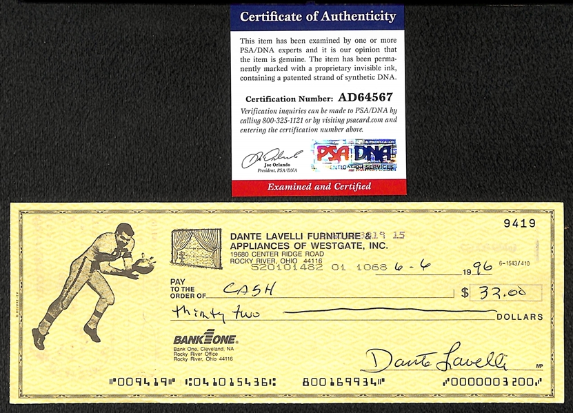 (4) Signed Bank Checks - Dante Lavelli (FB HOF), Bubba Smith (FB HOF), Val Picinich, (MLB 1916-1933), & Chub Feeney (All PSA/DNA or Beckett COA)