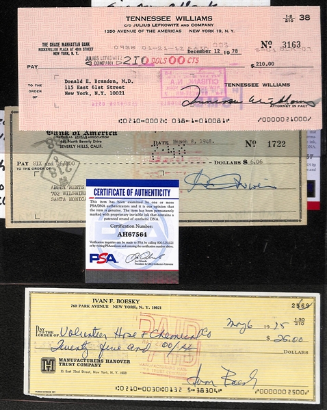 (3) Signed Bank Checks - Tennessee Williams, (Playwright), David Niven (Actor), & Ivan Boesky (Inspiration for Character Gordon Gekko)  - All w. PSA/DNA COAs