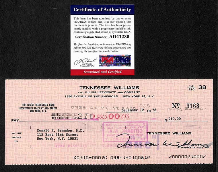 (3) Signed Bank Checks - Tennessee Williams, (Playwright), David Niven (Actor), & Ivan Boesky (Inspiration for Character Gordon Gekko)  - All w. PSA/DNA COAs