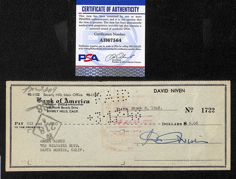 (3) Signed Bank Checks - Tennessee Williams, (Playwright), David Niven (Actor), & Ivan Boesky (Inspiration for Character Gordon Gekko)  - All w. PSA/DNA COAs