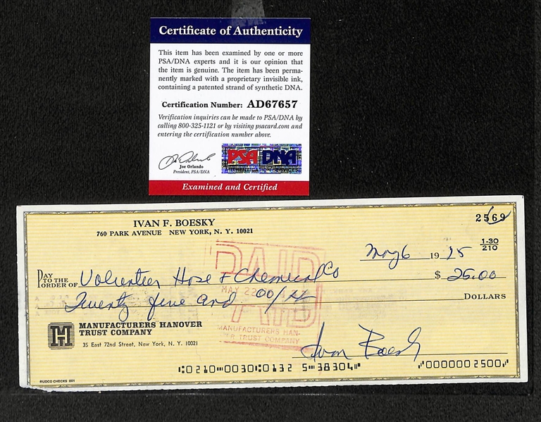 (3) Signed Bank Checks - Tennessee Williams, (Playwright), David Niven (Actor), & Ivan Boesky (Inspiration for Character Gordon Gekko)  - All w. PSA/DNA COAs