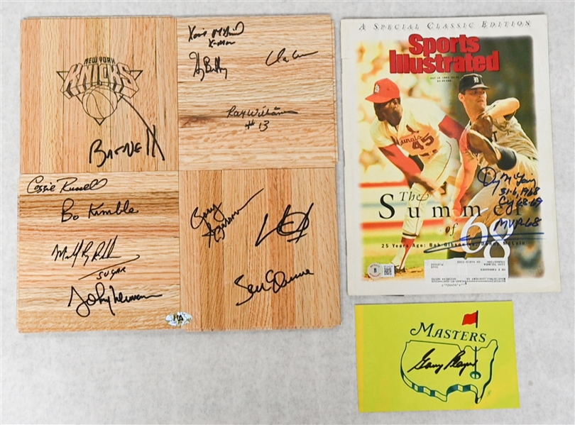 Autograph Lot w. Knicks Signed Floorboard (w. Cazzie Russell), Denny McLain Signed Sports Illustrated, Gary Player Signed Masters 4x6 Photo