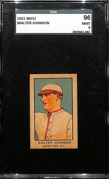 1921 W551 Walter Johnson (HOF) Hand Cut Strip Card Graded SGC 9 Mint! (Pop 1, None Graded Higher) - Dark Color Variant