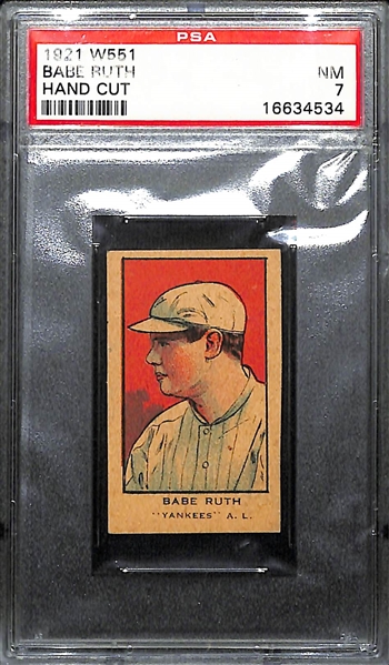 Rare Blue Jersey Varient 1921 W551 Babe Ruth (HOF) Hand Cut Strip Card Graded PSA 7 NM (Only 6 Graded Higher - POP 2)
