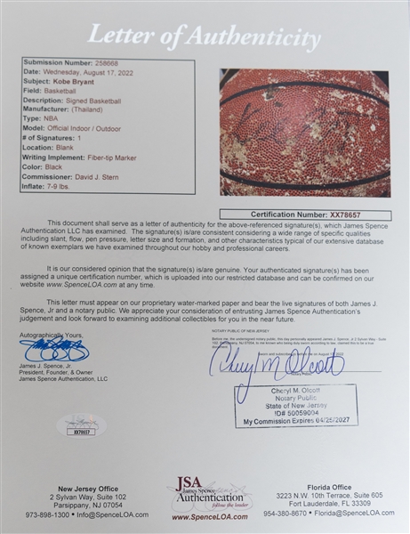 Heavily Worn Kobe Bryant Signed Official NBA Basketball (Rookie Era) w. JSA Letter & PSA/DNA Sticker