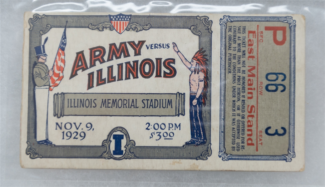 November 9, 1929 Army vs. Illinois - Illinois Memorial Stadium Football Souvenir Badge and Ticket Stub