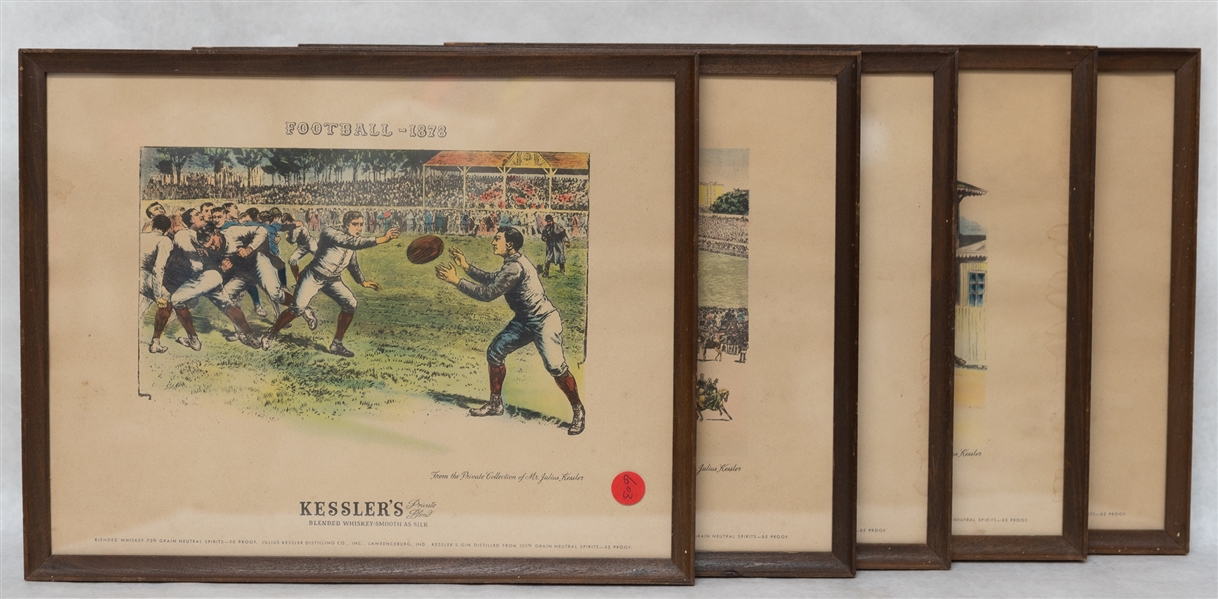 Vintage Kessler's Blended Whiskey Smooth as Silk Set of 5 Different Sports Prints