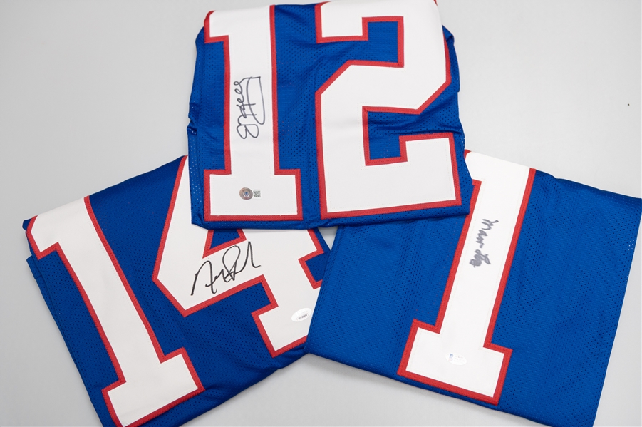 Lot of (3) Buffalo Bills Autographed Jerseys w. Jim Kelly Stat Jersey, Marv Levy, and Frank Reich (JSA & Beckett Certs)