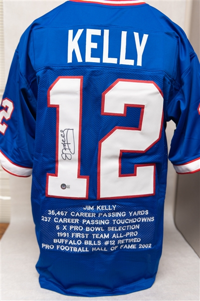 Lot of (3) Buffalo Bills Autographed Jerseys w. Jim Kelly Stat Jersey, Marv Levy, and Frank Reich (JSA & Beckett Certs)