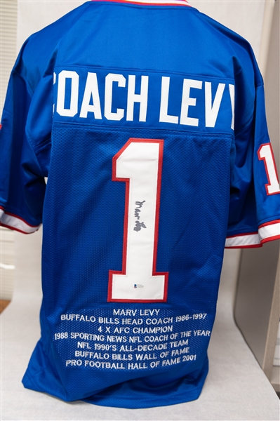 Lot of (3) Buffalo Bills Autographed Jerseys w. Jim Kelly Stat Jersey, Marv Levy, and Frank Reich (JSA & Beckett Certs)