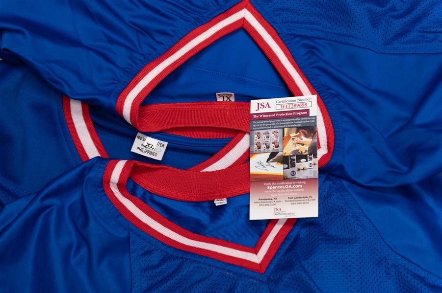 Lot of (3) Buffalo Bills Autographed Jerseys w. Jim Kelly Stat Jersey, Marv Levy, and Frank Reich (JSA & Beckett Certs)