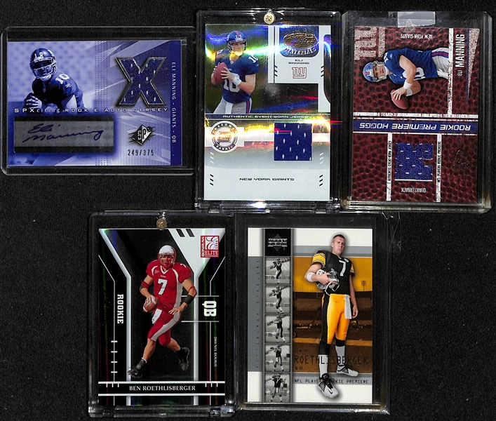 2004 Eli Manning & Ben Roethlisberger Rookie Lot w/ SPX Eli Autograph Jersey & Donruss Elite Big Ben Rookie #ed/500  