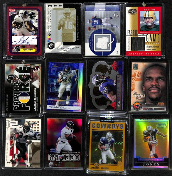 33- Card Football Lot w. 3 Autographs, 9 Relics, 6 Rookies & (15) Refractor or #ed Cards (P. Manning, Bart Starr, +)