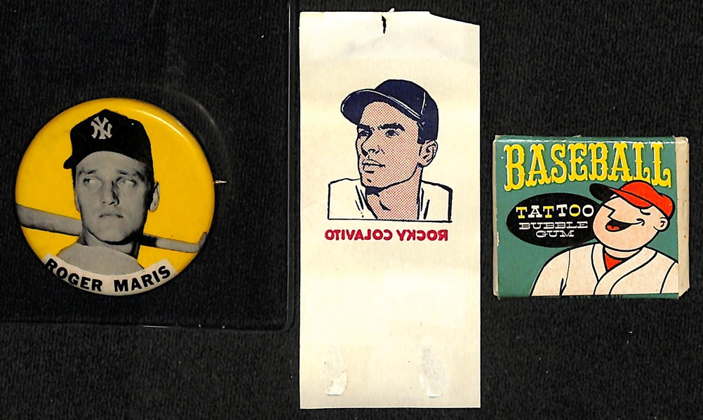Vintage Baseball Lot w. Early 1960s Roger Maris NY Yankees Pin and (2) 1960s Topps Tattoos Rocky Colavito and Unopened Ryne Duren