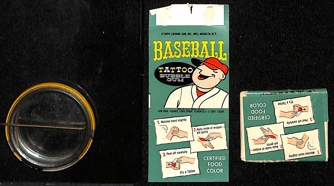Vintage Baseball Lot w. Early 1960s Roger Maris NY Yankees Pin and (2) 1960s Topps Tattoos Rocky Colavito and Unopened Ryne Duren