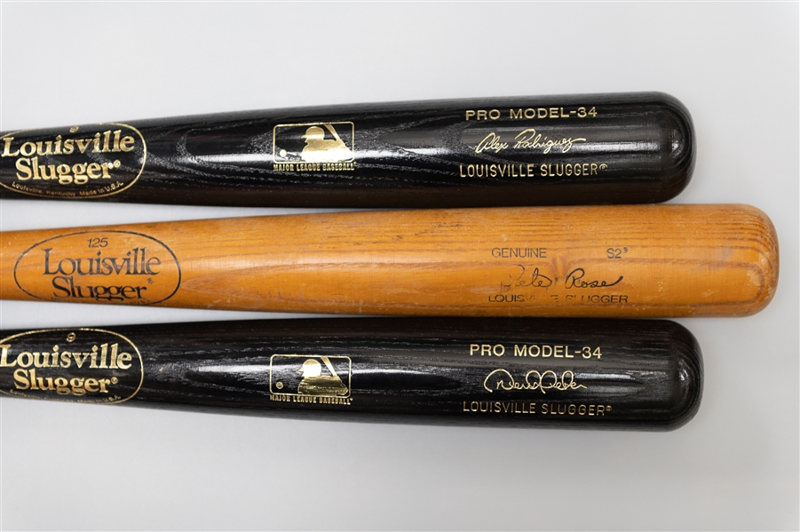 Lot of (3) Louisville Slugger Baseball Bats w. Derek Jeter & Alex Rodriguez Pro Models and Vintage Adirondack Bat Shipping Box